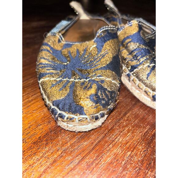 PRADA Casual Preppy Festival Brocade Navy Blue & Gold Fabric Espadrilles 37 / 7 - Picture 13 of 15